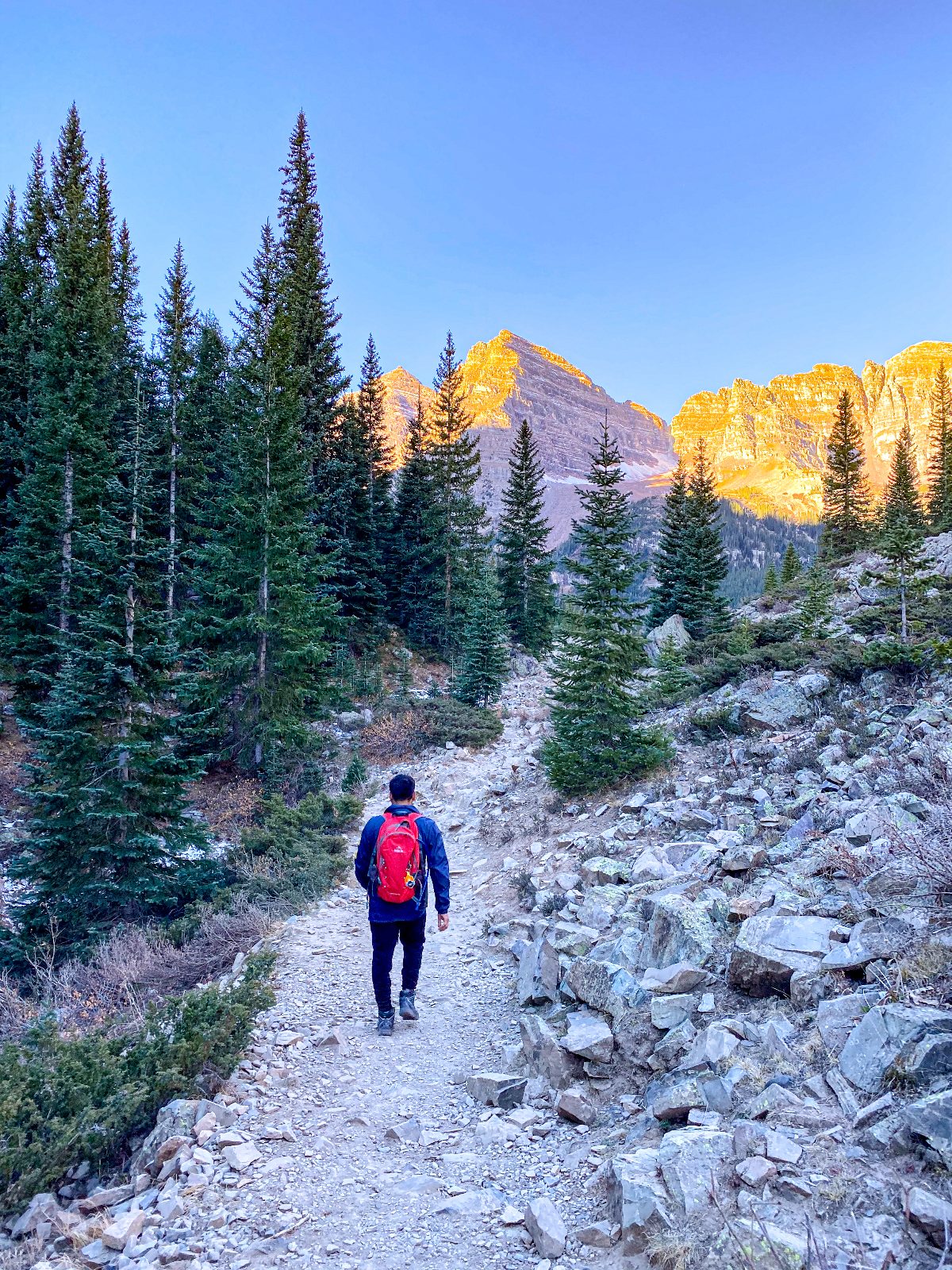 Hiking toward the Maroon Bells at sunrise